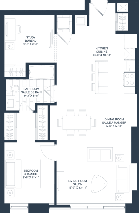Floor plan for 2 beds, 1 bath, 1070 sqft